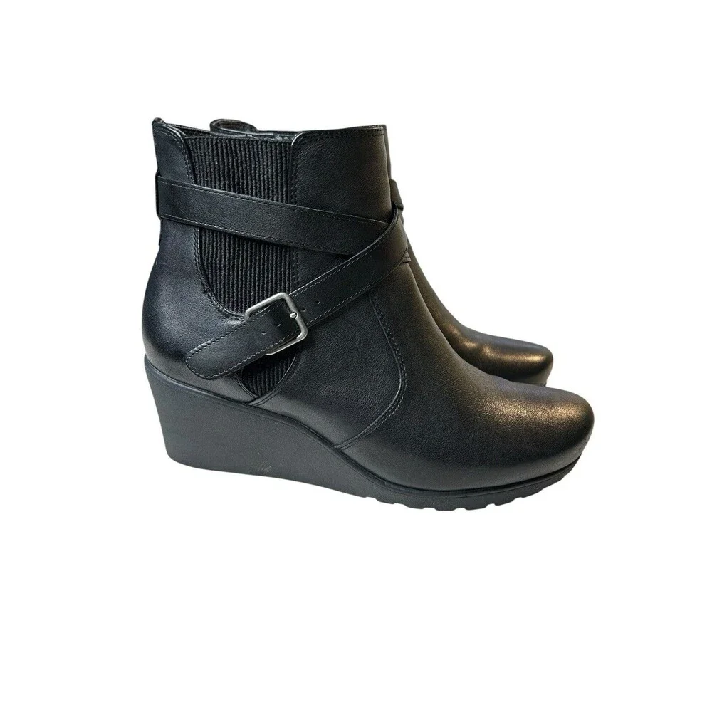 ABEO Black Leather Ankle Boots Women's 8.5 Geranium Wedge Heel Buckle Moto
